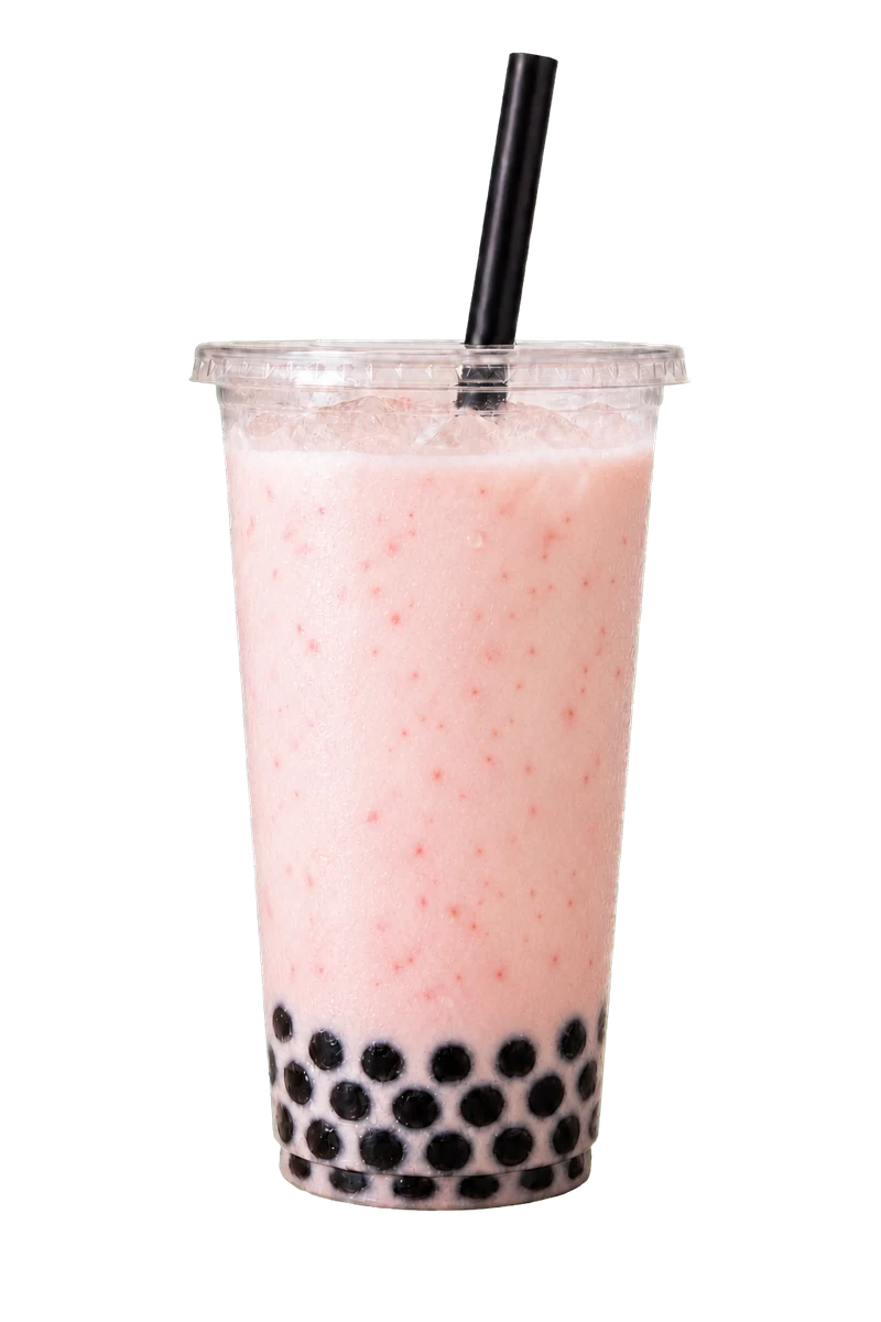 Creamy pink strawberry coconut drink with boba