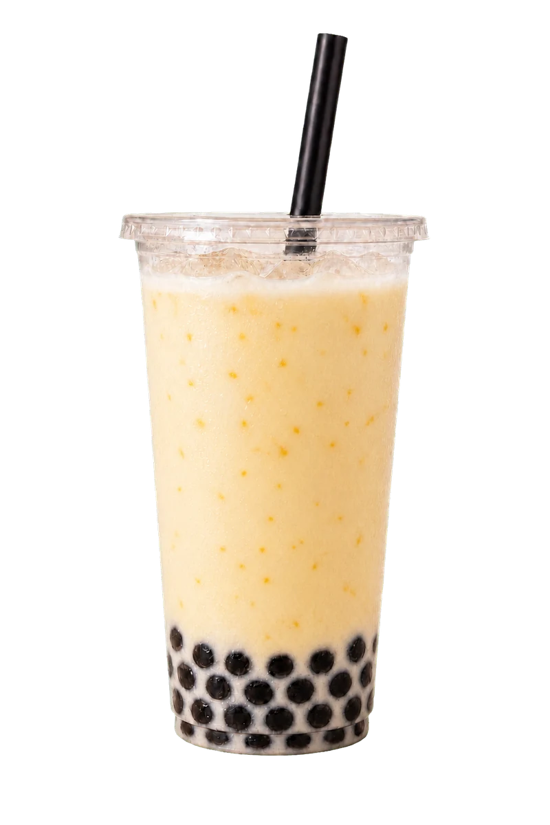 Creamy golden mango coconut drink with boba