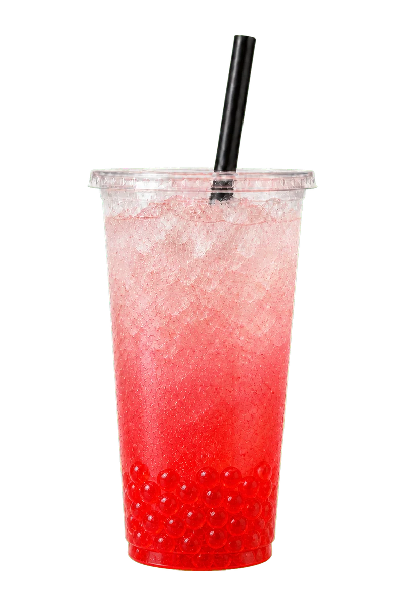 Strawberry Fruta Pop refresher with strawberry popping boba over ice