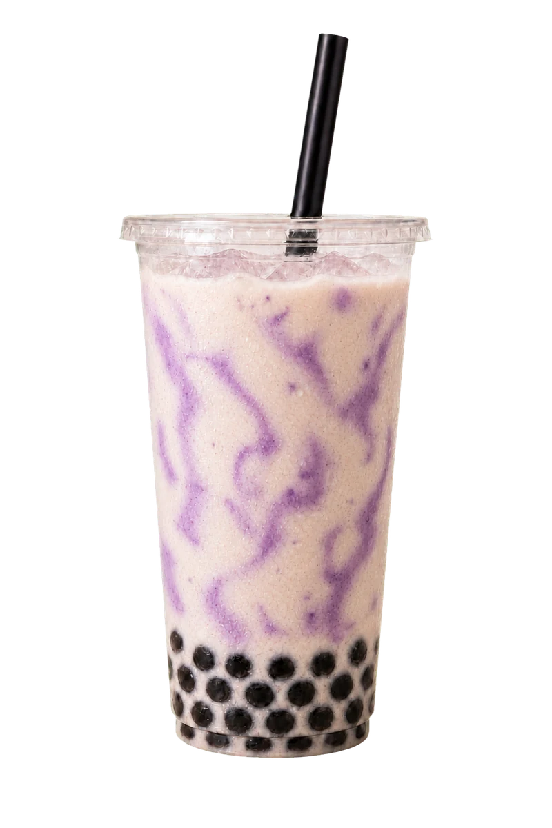 Ube horchata with a purple swirl over ice